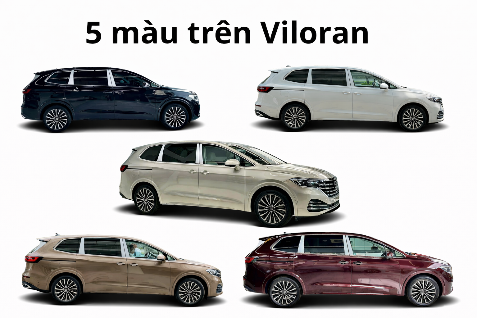 5 màu xe Volkswagen Viloran tại Việt Nam gồmTrắng Glacier , Đen Deep , Vàng Brisbane , Đỏ Crimson , Bạc Leaf  – MPV hạng sang 7 chỗ rộng rãi dành cho gia đình và doanh nhân