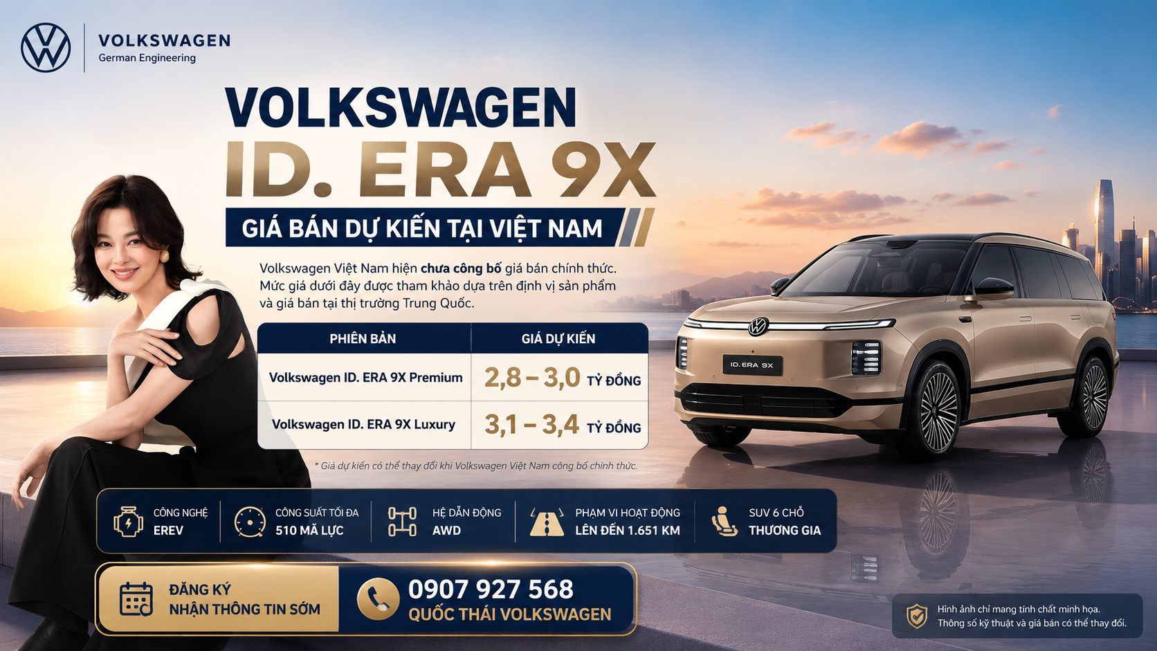 Giá xe Volkswagen ID. ERA 9X 2026 dự kiến tại Việt Nam từ 2,8 đến 3,4 tỷ đồng. Mẫu SUV Full-Size 6 chỗ cao cấp của Volkswagen được trang bị công nghệ EREV, công suất 510 mã lực, hệ dẫn động AWD và phạm vi hoạt động lên đến 1.651 km.