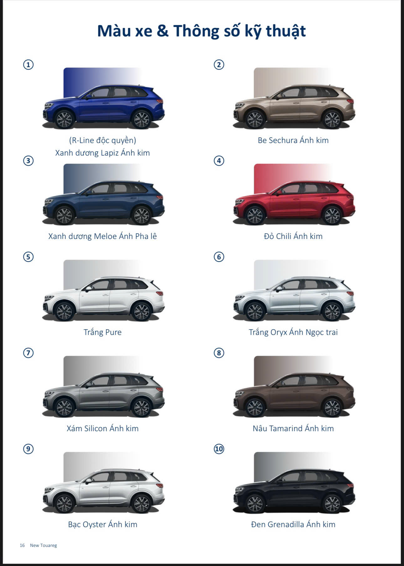 Màu xe Volkswagen Touareg 2026 mới nhất tại Việt Nam. Cập nhật các tùy chọn màu ngoại thất sang trọng và đẳng cấp dành cho Volkswagen Touareg 2026.