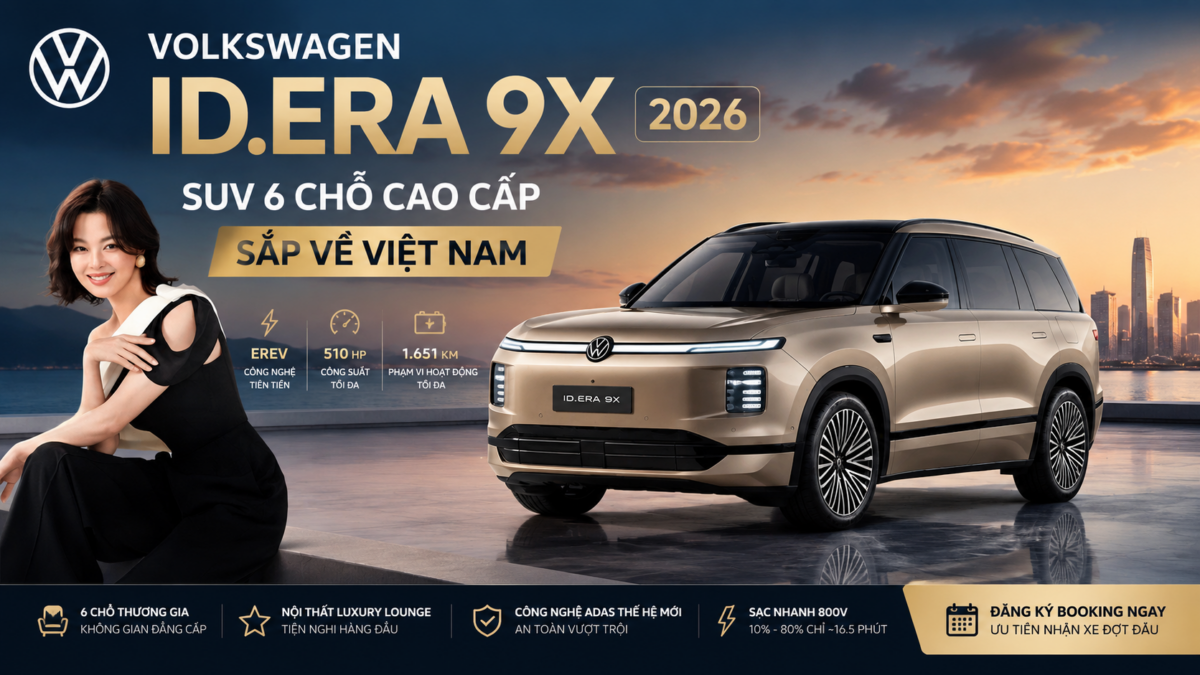 Volkswagen ID. ERA 9X 2026 là mẫu SUV 6 chỗ cao cấp hoàn toàn mới của Volkswagen. Cập nhật giá bán dự kiến, thông số kỹ thuật, công nghệ EREV, nội thất thương gia, hệ thống ADAS và thông tin booking sớm