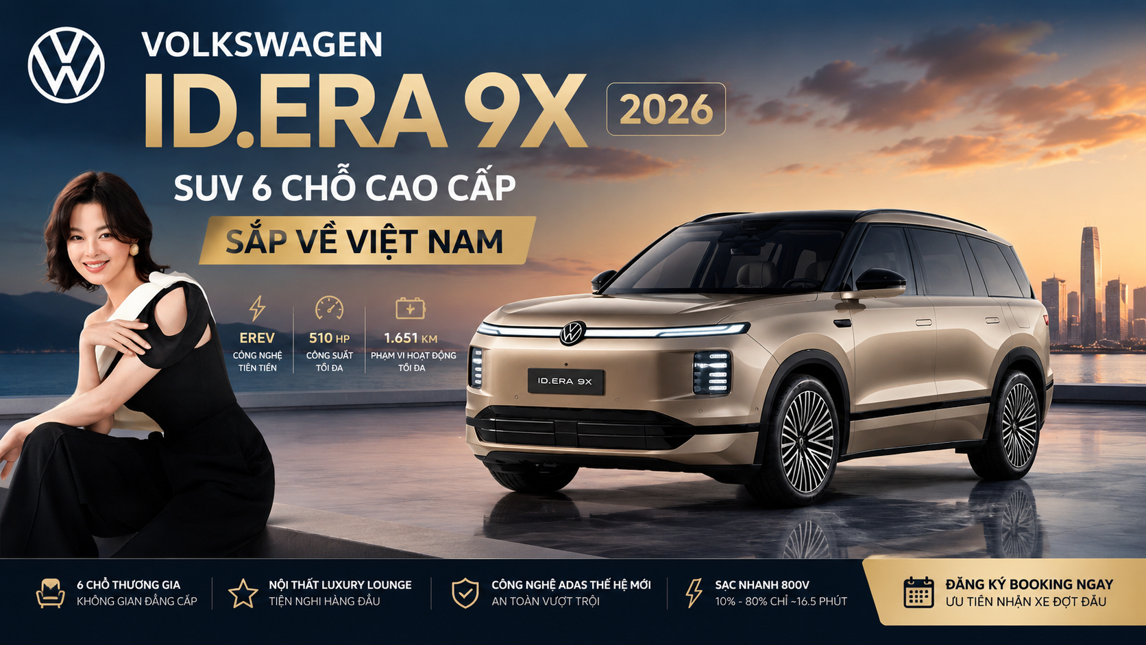 Volkswagen ID. ERA 9X 2026 là mẫu SUV 6 chỗ cao cấp hoàn toàn mới của Volkswagen. Cập nhật giá bán dự kiến, thông số kỹ thuật, công nghệ EREV, nội thất thương gia, hệ thống ADAS và thông tin booking sớm